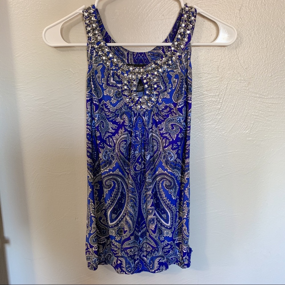 INC Sleeveless Blue Crystal & Key Hole Cutout Top